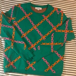 THML Green Sweater with Pink and Orange Chain Design.  EUC
